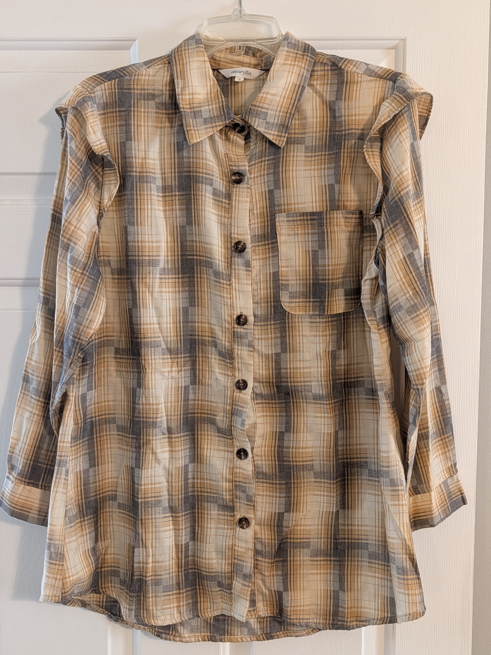 Amaryllis Plaid Button-Up Blouse in Beige and Gray